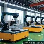 로우코스트 비즈니스 모델의 원가 절감 전략 - A modern industrial factory interior with advanced automation equipment and robotic arms actively as...