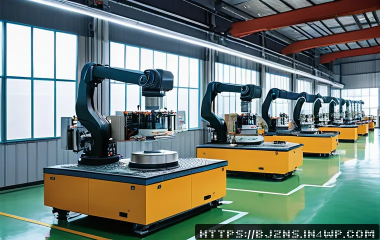 로우코스트 비즈니스 모델의 원가 절감 전략 - A modern industrial factory interior with advanced automation equipment and robotic arms actively as...