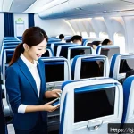 로우코스트 비즈니스 모델의 지속 가능성 평가 - A modern low-cost business model illustration showing a sleek budget airline interior with passenger...