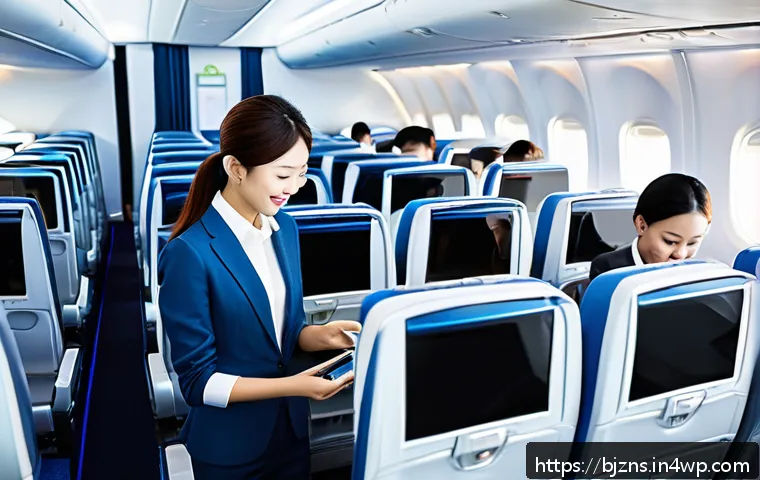 로우코스트 비즈니스 모델의 지속 가능성 평가 - A modern low-cost business model illustration showing a sleek budget airline interior with passenger...