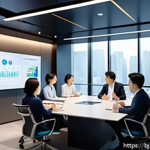로우코스트 비즈니스 모델의 변화 관리 전략 - A modern corporate office scene showing a diverse team of professionals engaged in a collaborative m...